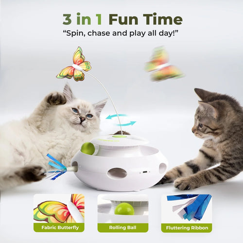 3 in 1 Interactive Cat Toy with Motion Sensor USB Rechargeable Butterfly Whack a Mole and Ball Track Toy for Indoor Cats