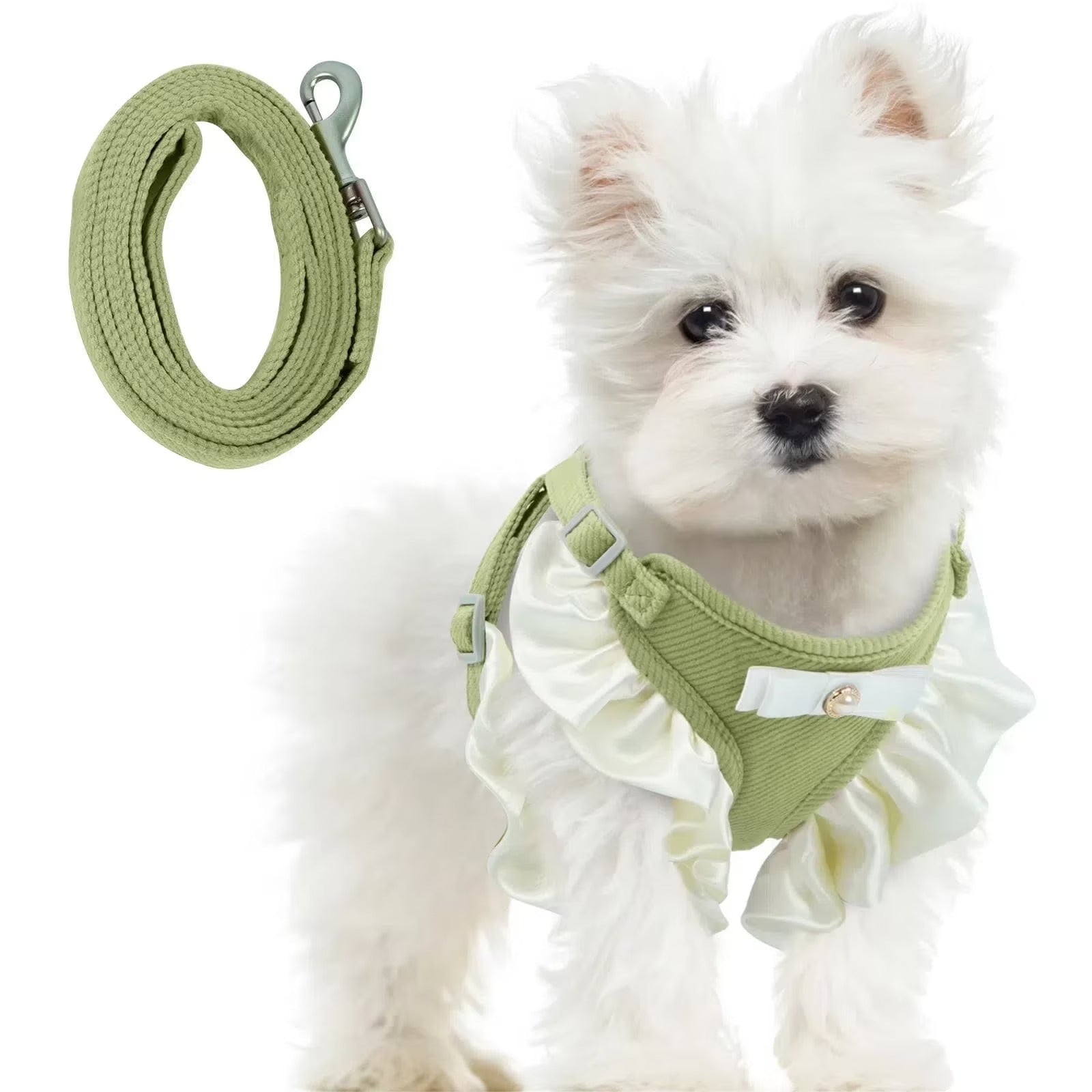 Adjustable Soft Cotton Dog Harness and Leash Set for Small Dogs, Comfortable Vest-Style Puppy Harness with Anti-Pull Design, Cute Bow Accent for Walking, Green