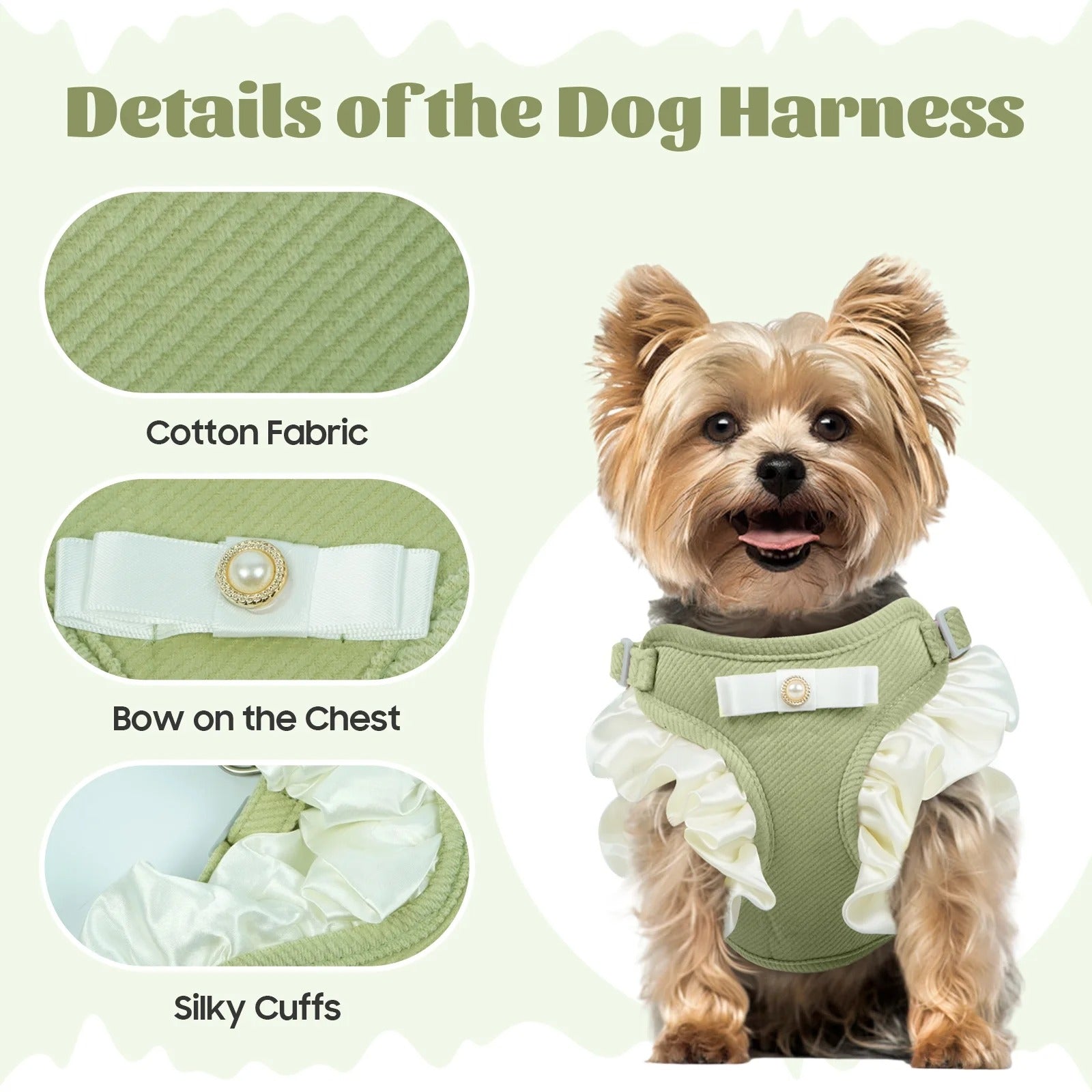 Adjustable Soft Cotton Dog Harness and Leash Set for Small Dogs, Comfortable Vest-Style Puppy Harness with Anti-Pull Design, Cute Bow Accent for Walking, Green