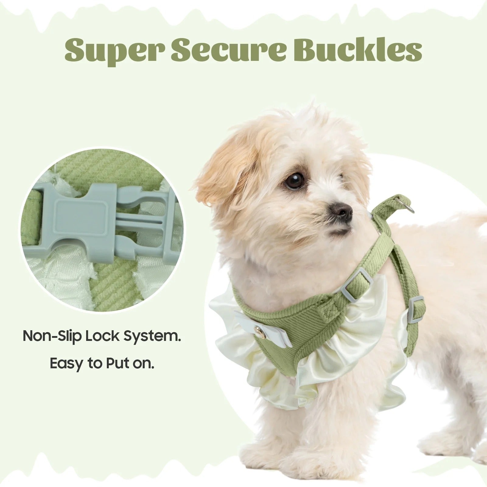 Adjustable Soft Cotton Dog Harness and Leash Set for Small Dogs, Comfortable Vest-Style Puppy Harness with Anti-Pull Design, Cute Bow Accent for Walking, Green