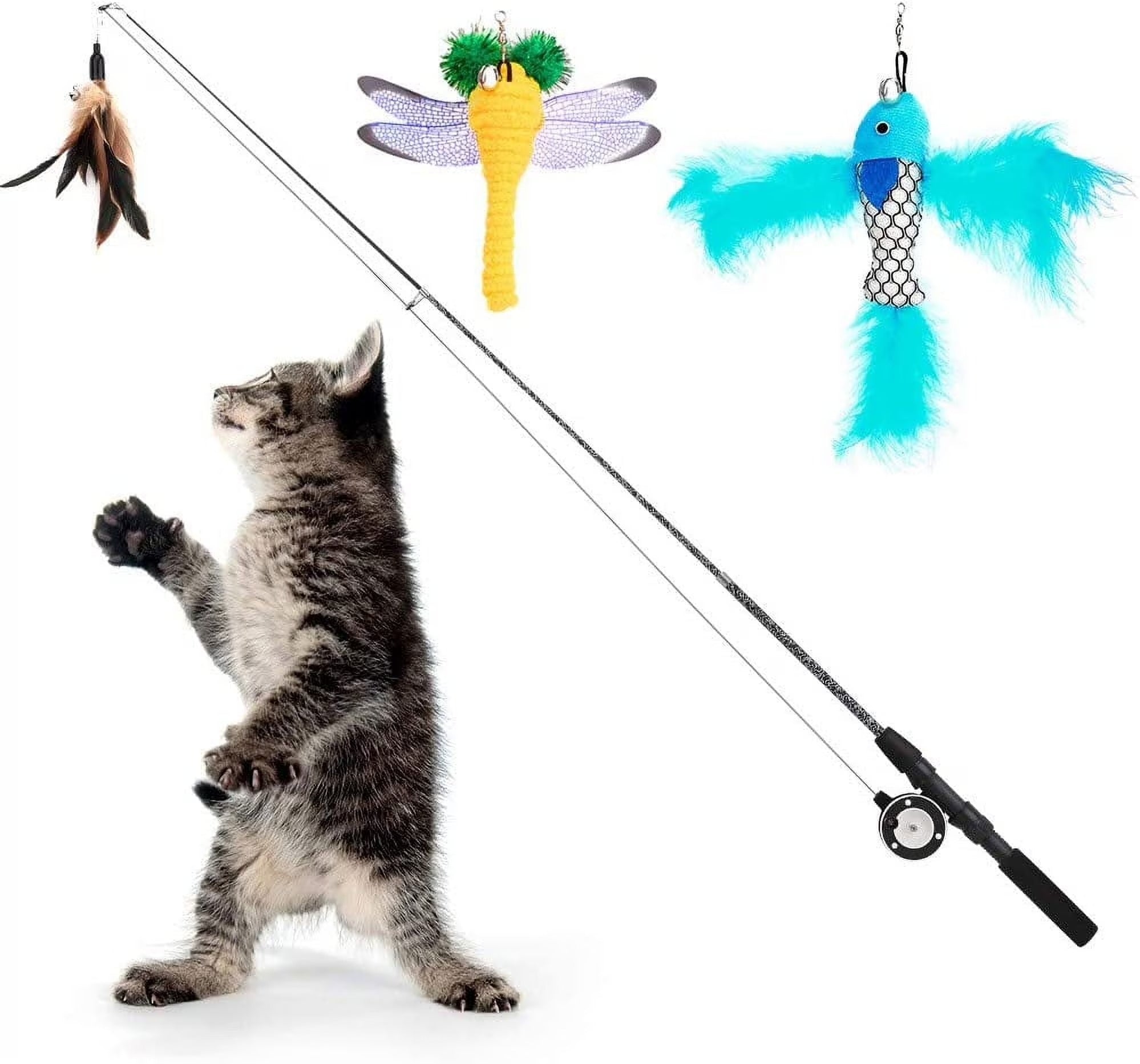 4 Pack Interactive Cat Feather Teaser Wand Toys Retractable Fishing Pole Exerciser with Refill Feather Dragonfly Worm and Bells for Indoor Cats
