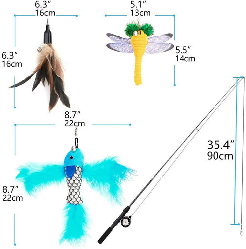 4 Pack Interactive Cat Feather Teaser Wand Toys Retractable Fishing Pole Exerciser with Refill Feather Dragonfly Worm and Bells for Indoor Cats