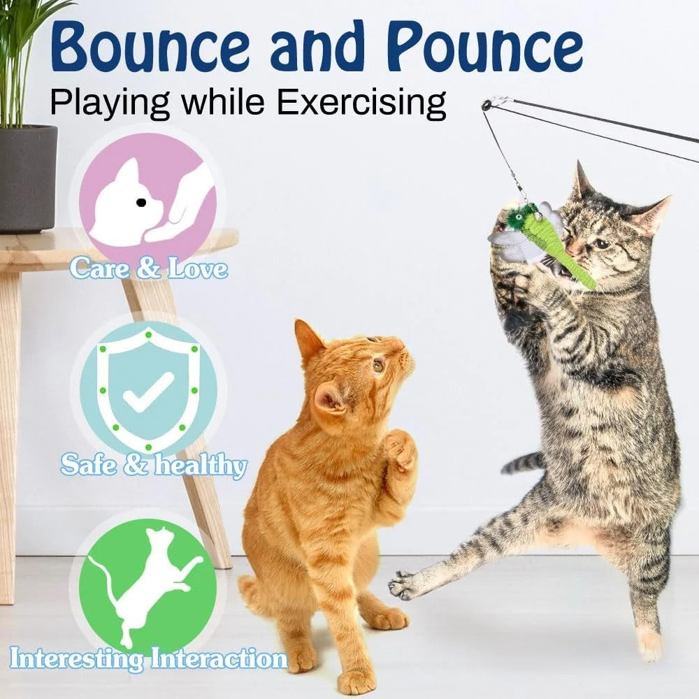 4 Pack Interactive Cat Feather Teaser Wand Toys Retractable Fishing Pole Exerciser with Refill Feather Dragonfly Worm and Bells for Indoor Cats