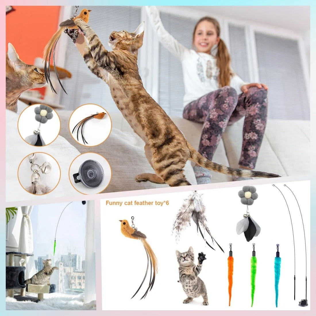9PCS Interactive Cat Toys Set with Feather and Bird Teaser Wands Indoor Cat Exercise Fishing Pole Toys for Kittens and Adult Cats