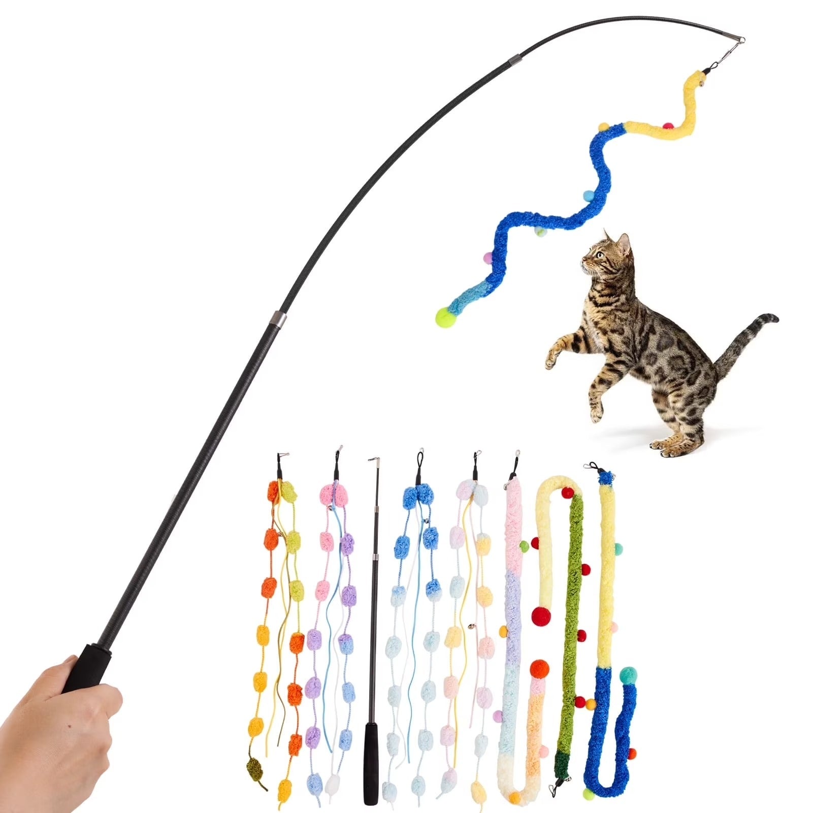9PCS Interactive Cat Toys Set Retractable Plush Cat Teaser Wand Toys with Extendable Fishing Rods for Indoor Cat Exercise