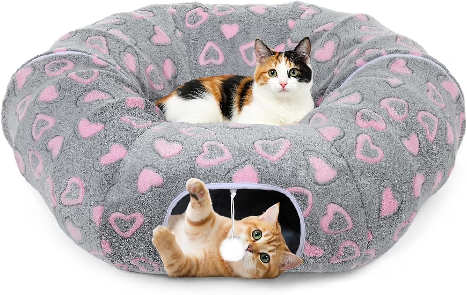 35 Inch Plush Cat Tunnel Bed for Indoor Cats with Ball and Cushion Multi-Functional Peekaboo Cat Cave Interactive Tunnel Toy for Cats Kittens and Small Pets