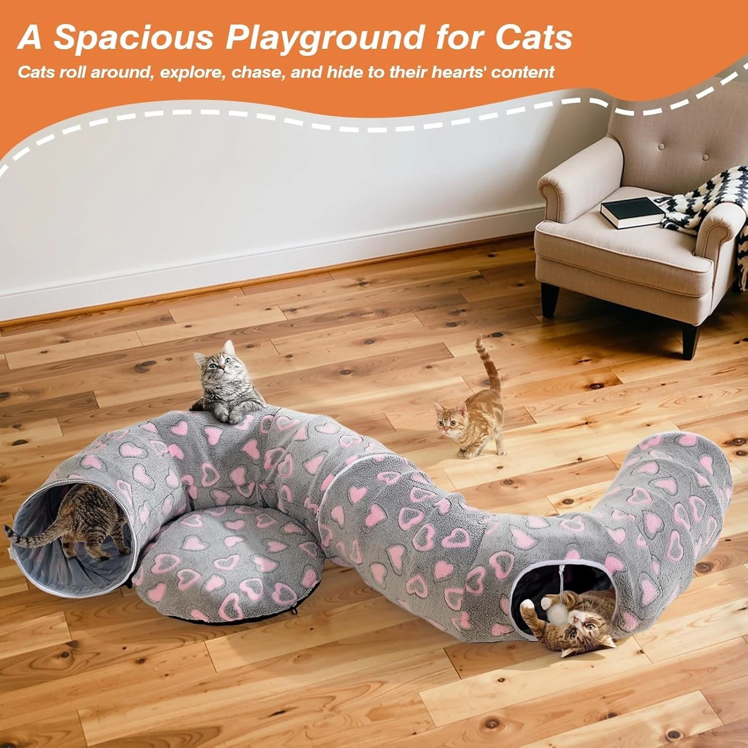 35 Inch Plush Cat Tunnel Bed for Indoor Cats with Ball and Cushion Multi-Functional Peekaboo Cat Cave Interactive Tunnel Toy for Cats Kittens and Small Pets