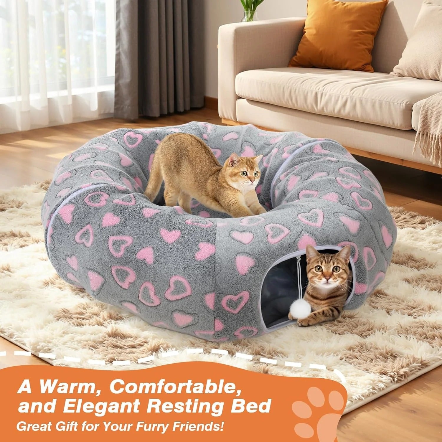 35 Inch Plush Cat Tunnel Bed for Indoor Cats with Ball and Cushion Multi-Functional Peekaboo Cat Cave Interactive Tunnel Toy for Cats Kittens and Small Pets