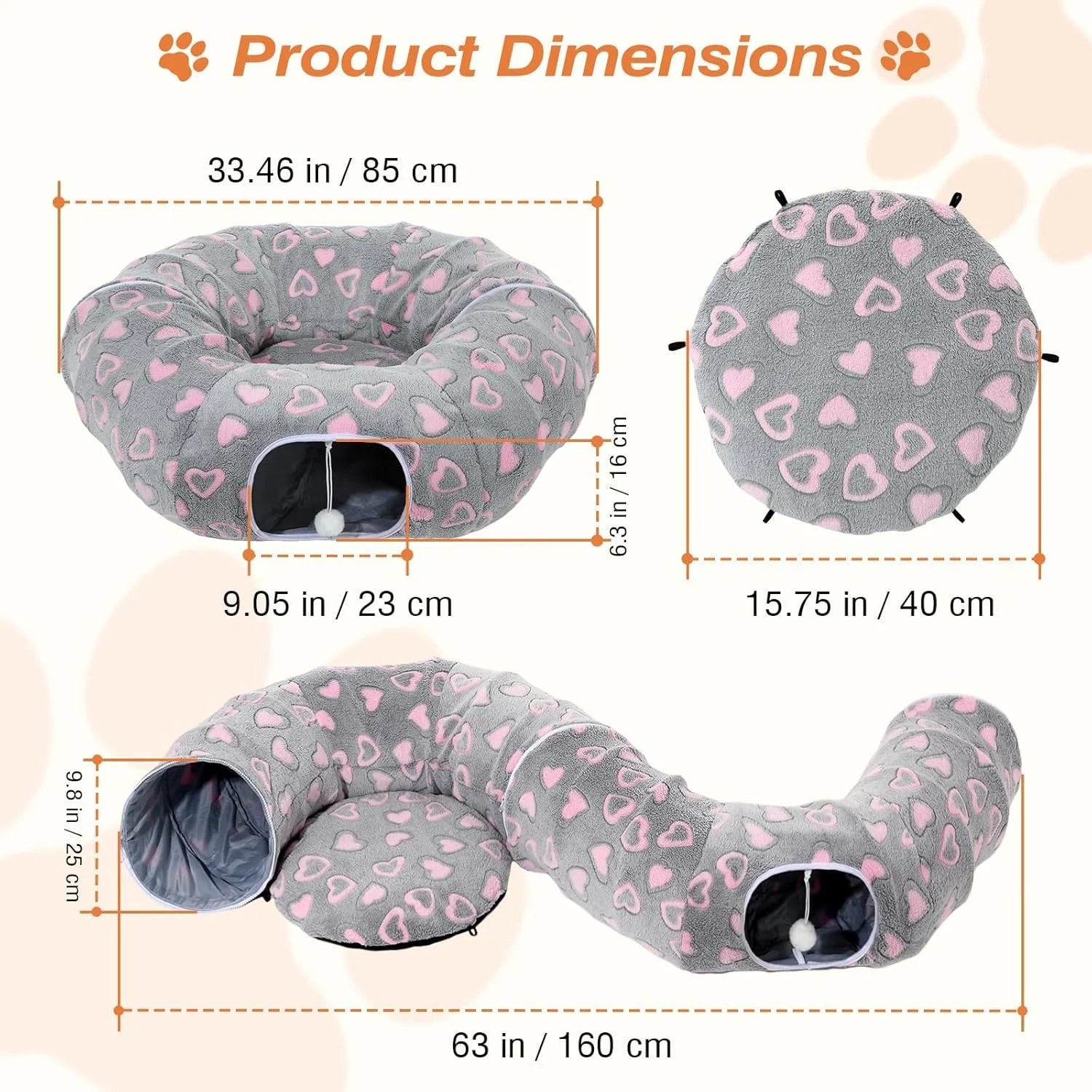 35 Inch Plush Cat Tunnel Bed for Indoor Cats with Ball and Cushion Multi-Functional Peekaboo Cat Cave Interactive Tunnel Toy for Cats Kittens and Small Pets